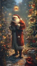 Santa in golden snowfall beside illuminated fir tree.