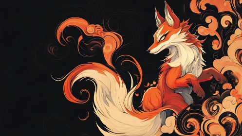 Vivid fire fox curls through swirling orange smoke.