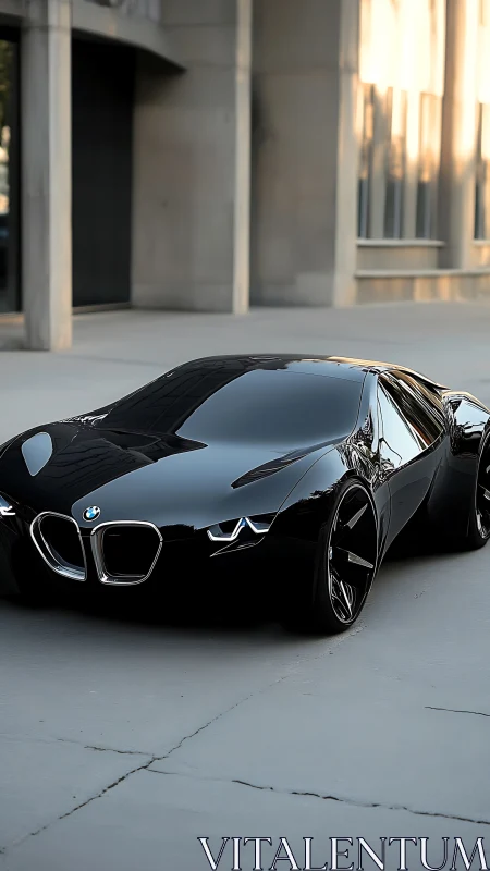 Sleek black BMW concept car glides along a quiet city street.