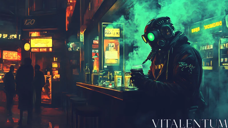 Solitary figure in gas mask haunts neon cyberpunk bar