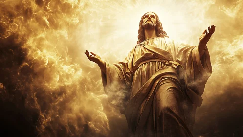 Radiant robed figure stands amid glowing clouds and light