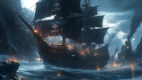 Heavily armed pirate galleon cuts through stormlit burning bay