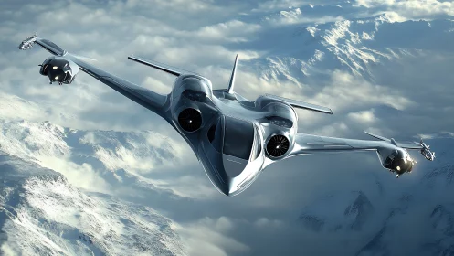 Sleek futuristic aircraft glides boldly above icy mountain clouds
