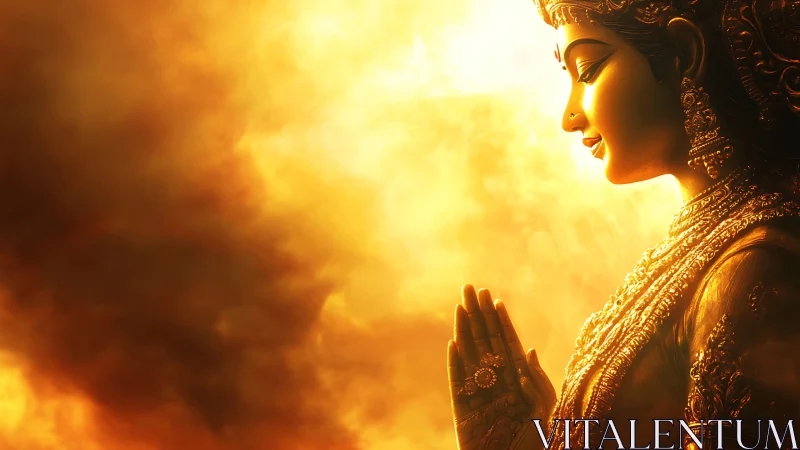 Golden goddess in peaceful prayer amid glowing light.