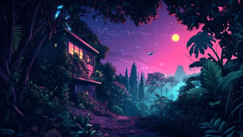 Cyberpunk Jungle Sanctuary: Neon Twilight Architecture.