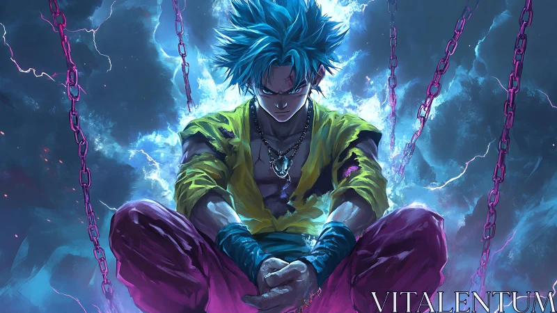Electrified anime warrior in chained energy vortex, cross-lit pose