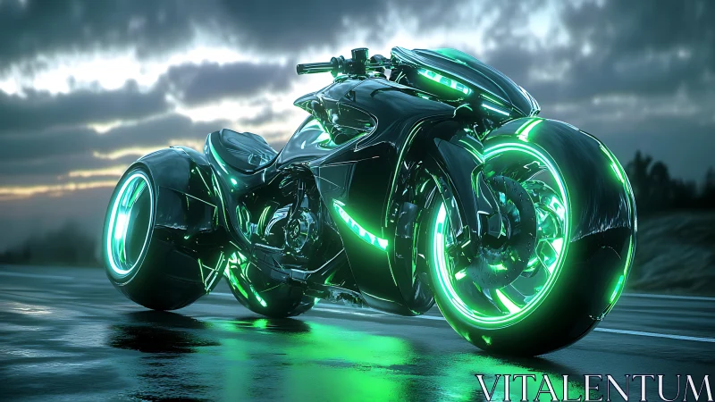 Neon-lit cyber motorcycle roaring across wet night highway.