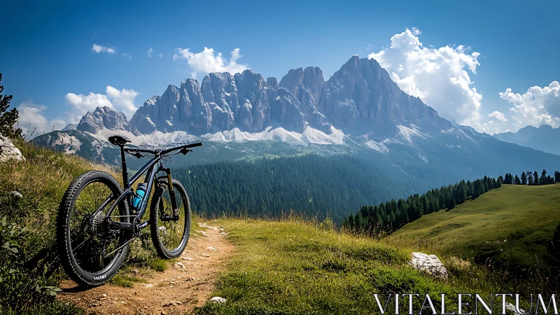 Mountain Bike on Alpine Trail with Dramatic Peak Vista.