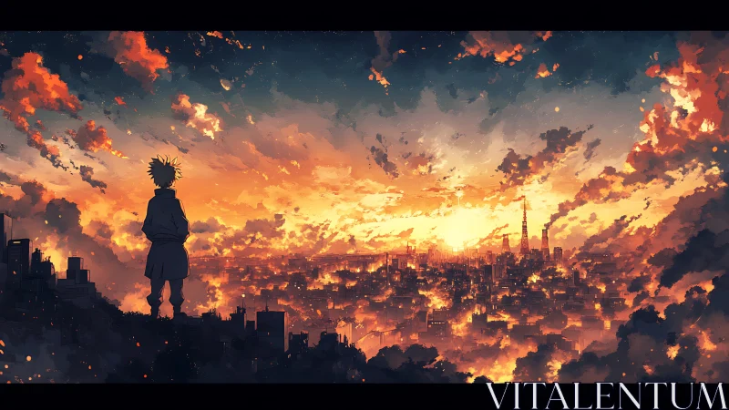 Solitary figure overlooks burning sunset city skyline.