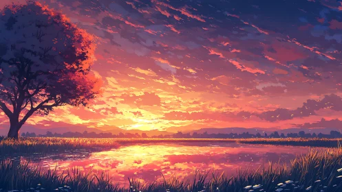 Radiant sunset over reflective lakeside meadow in digital painting