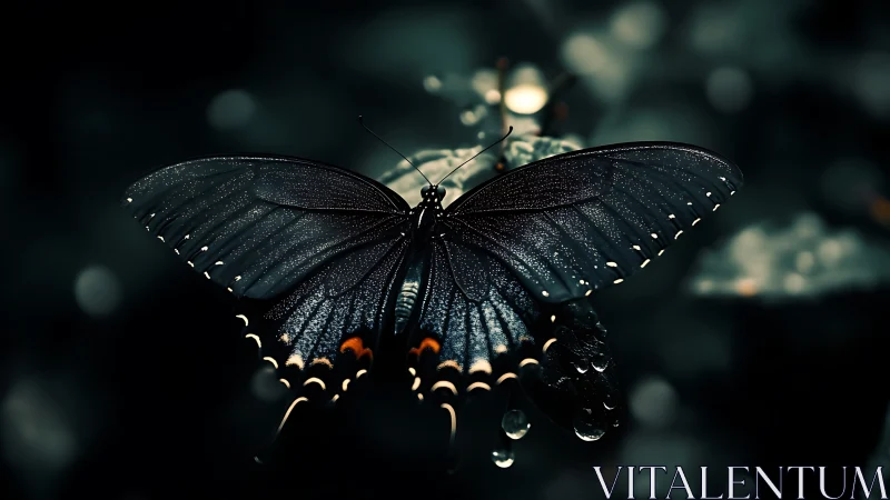 Moonlit swallowtail spreads ink-black wings over dew-jewels