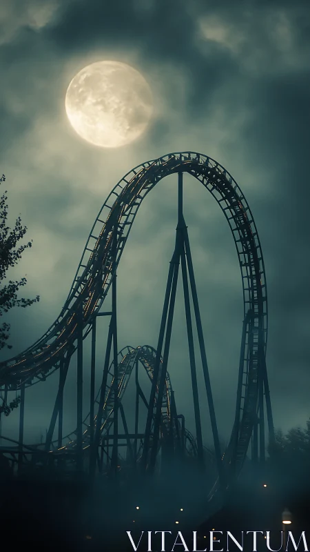 Moonlit steel coaster arches through haunted midnight fog.