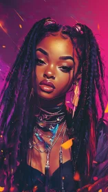 Chromatic portrait of braided cyber siren in neon ambience.