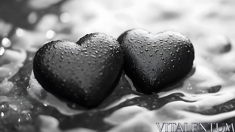 Twin Hearts Glistening Against Monochromatic Water Spray.