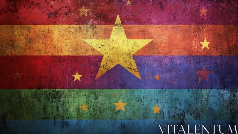 Textured rainbow flag with distressed golden star motif.