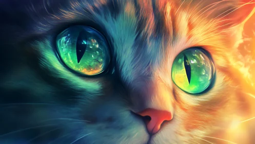 Cat with Glowing Green Eyes and Gradient Fur.