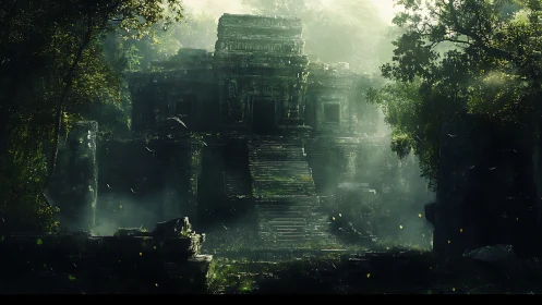 Ancient jungle temple ruin in misty green forest light.