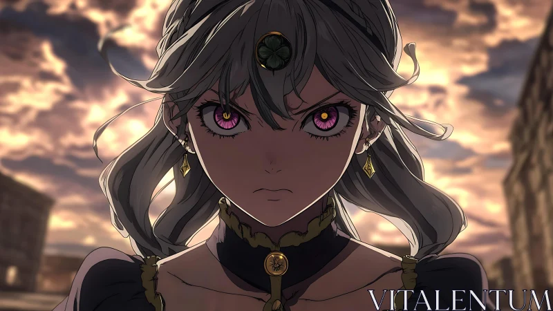 Stormlit gaze of a determined anime heroine at dusk.
