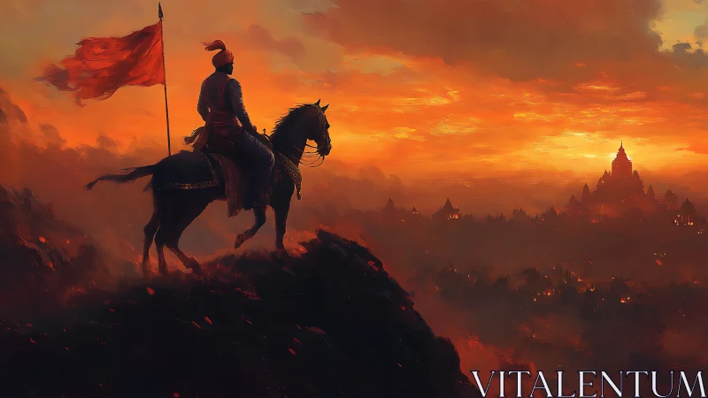 Mounted warrior surveys burning valley beneath incandescent sky