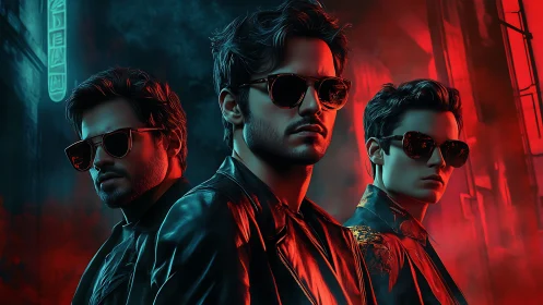 Neon-lit trio in cinematic cyberpunk leather portrait.