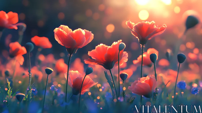 Red Poppies Bathed in Golden Sunlight with Bokeh