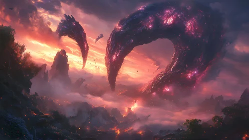 Glowing cosmic arches swirling over a dreamy alien valley.