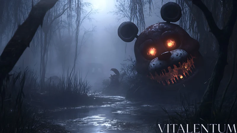 Gigantic animatronic bear head with glowing eyes in misty swamp