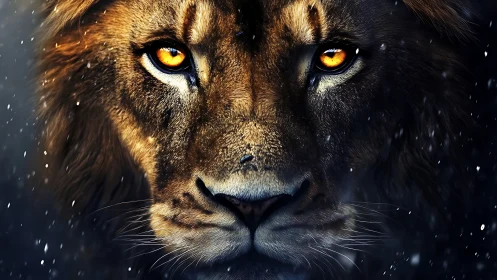 Rendered lion face shows frontal close-up under snowfall