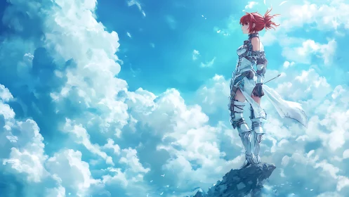 Armored sky warrior stands resolute above sunlit clouds