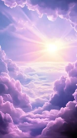 Luminous sunrise through violet cumulonimbus cloud corridor.