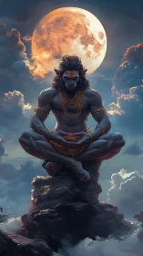 Majestic monkey deity meditates beneath a glowing full moon