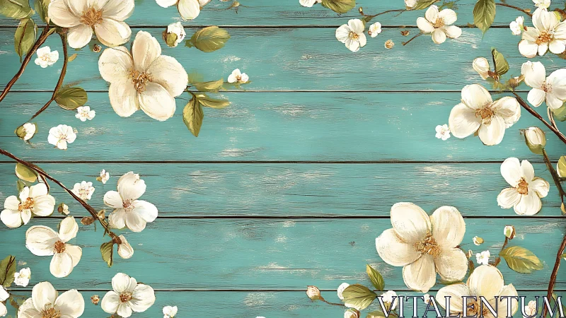 Floral branches arranged over turquoise wooden planks.