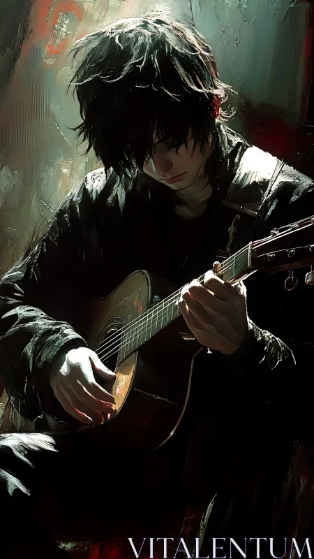 Young guitarist sits in dim light and plays acoustic guitar