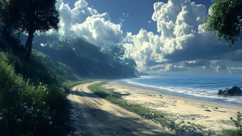 Coastal dirt path curves beside sunlit shore under cumulus clouds