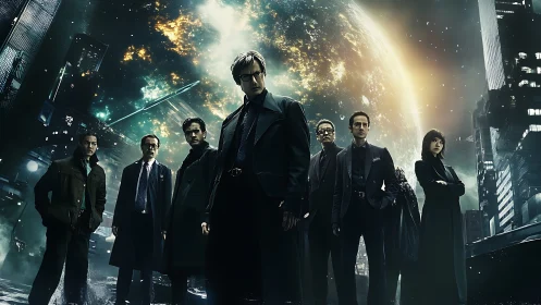 Corporate task force stands against burning planet in neon-lit city