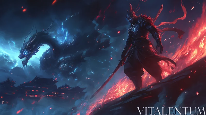 Armored samurai confronts spectral dragon in bifurcated firestorm.