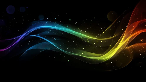 Multicolor light wave trails on black digital background.