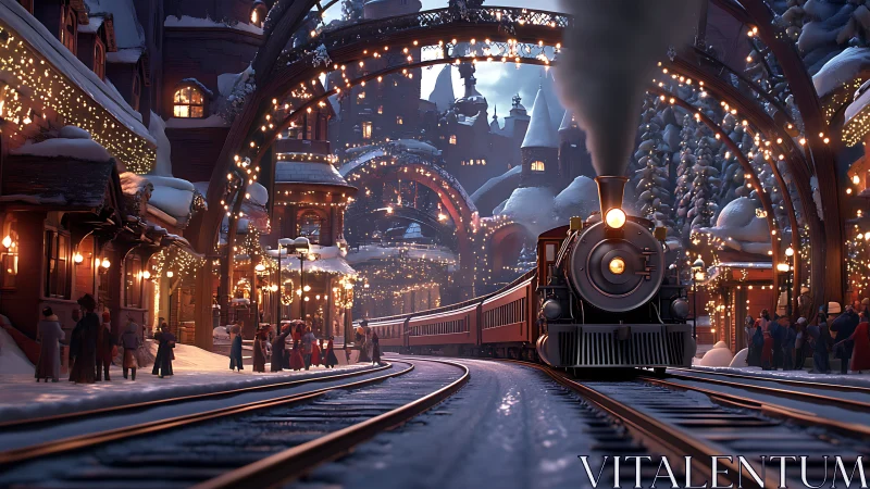 Steam locomotive enters illuminated snowy station in 3D fantasy