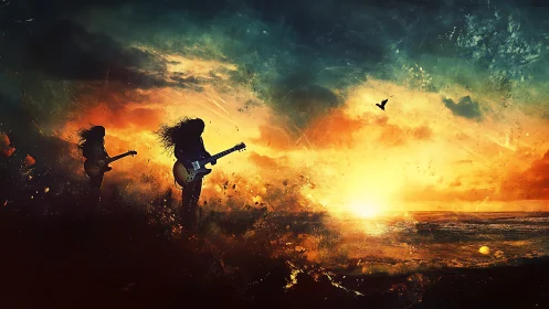 Sunset guitar duet igniting a storm-lit ocean horizon.