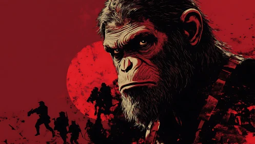 War-scarred ape commander against blood-red rising sun.