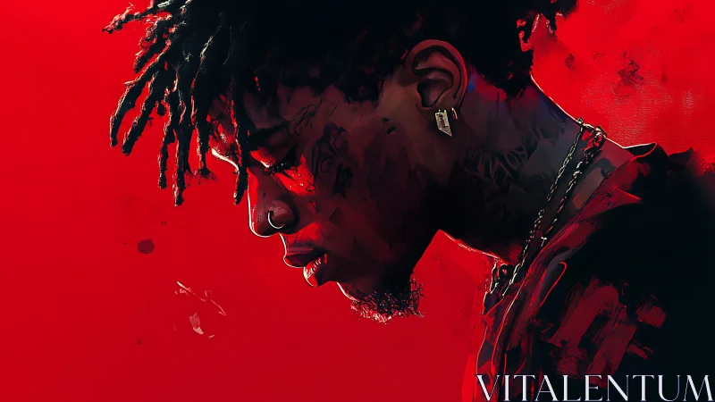 Pensive side-profile portrait against vivid red background