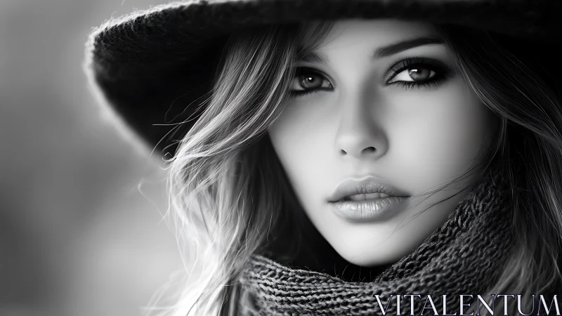 Monochrome close-up portrait shows woman in hat and scarf