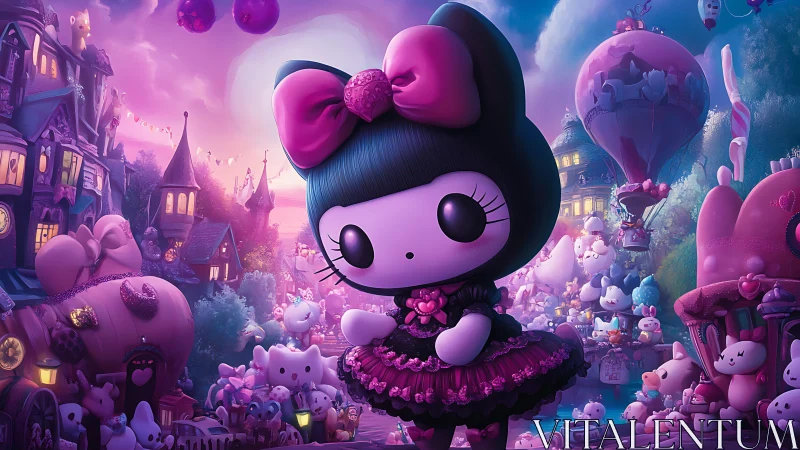 Gothic cartoon cat character stands in pastel fantasy town