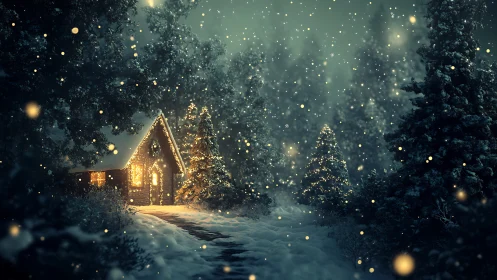 Snowy forest cabin glows warmly under drifting winter lights