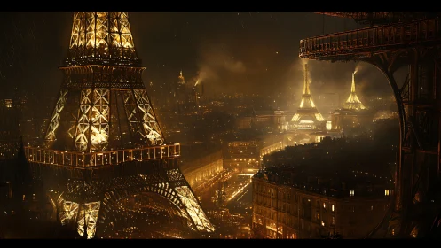 Noir Paris skyline with illuminated Eiffel structures at night.
