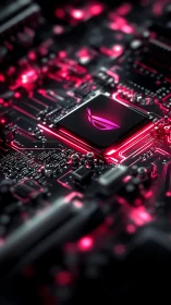 Cyberpunk motherboard close-up with luminous central chipset.