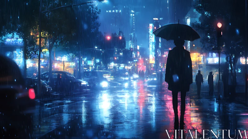 Silhouetted figure crosses neon city street in heavy rain.
