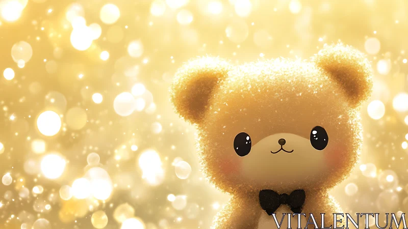 Fuzzy cartoon bear with bow tie on golden bokeh background.