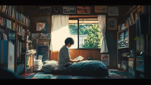 Person reads on floor mattress in small book-filled room