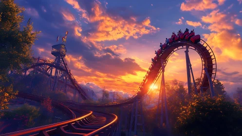 Sunset coaster skyline where twilight races the rails.
